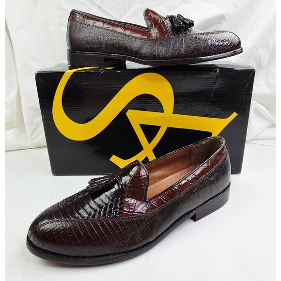 Stacy Adams Genuine Snake Size 9M Mens Brown Slip On Tassel Accent Loafers NIB - Picture 1 of 15